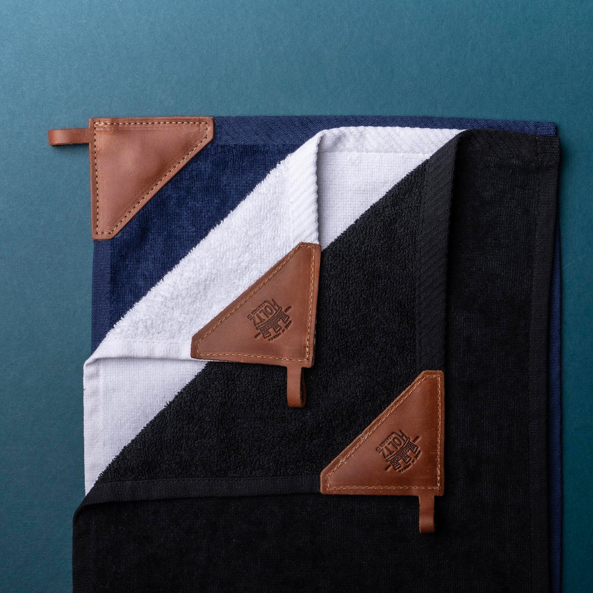 Personalized Fine Leather Tabbed Golf Towel with Magnet & Carabiner