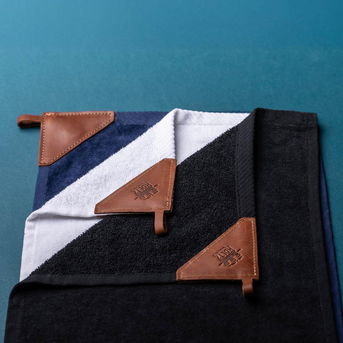 Personalized Fine Leather Tabbed Golf Towel with Magnet & Carabiner