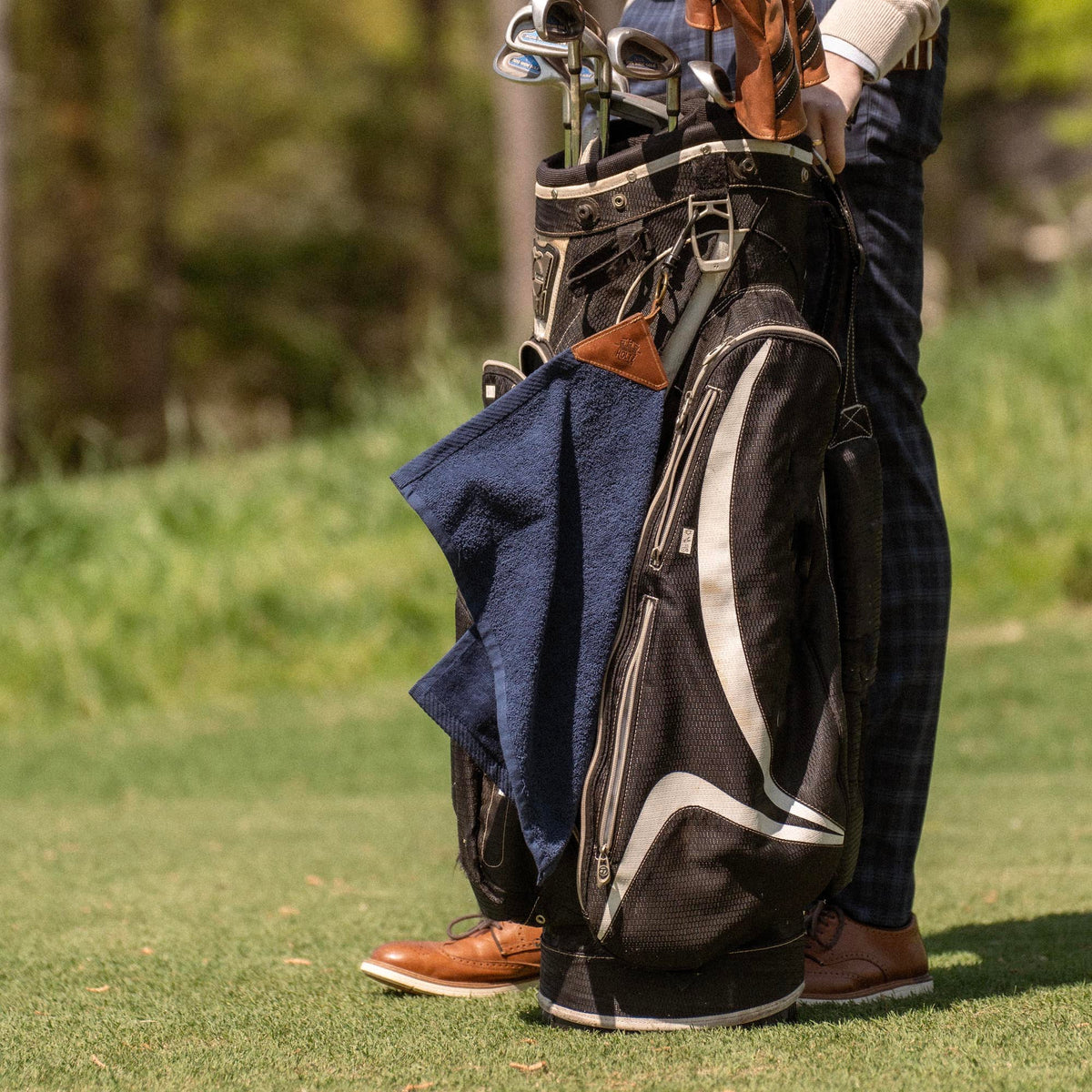 Personalized Fine Leather Tabbed Golf Towel with Magnet & Carabiner