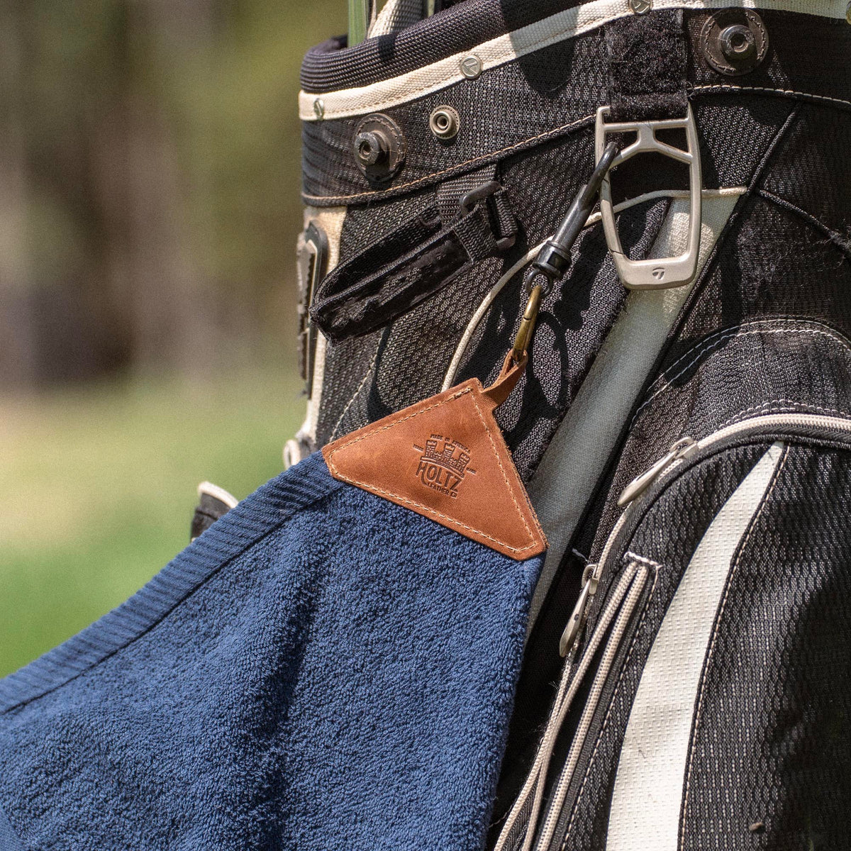 Personalized Fine Leather Tabbed Golf Towel with Magnet & Carabiner