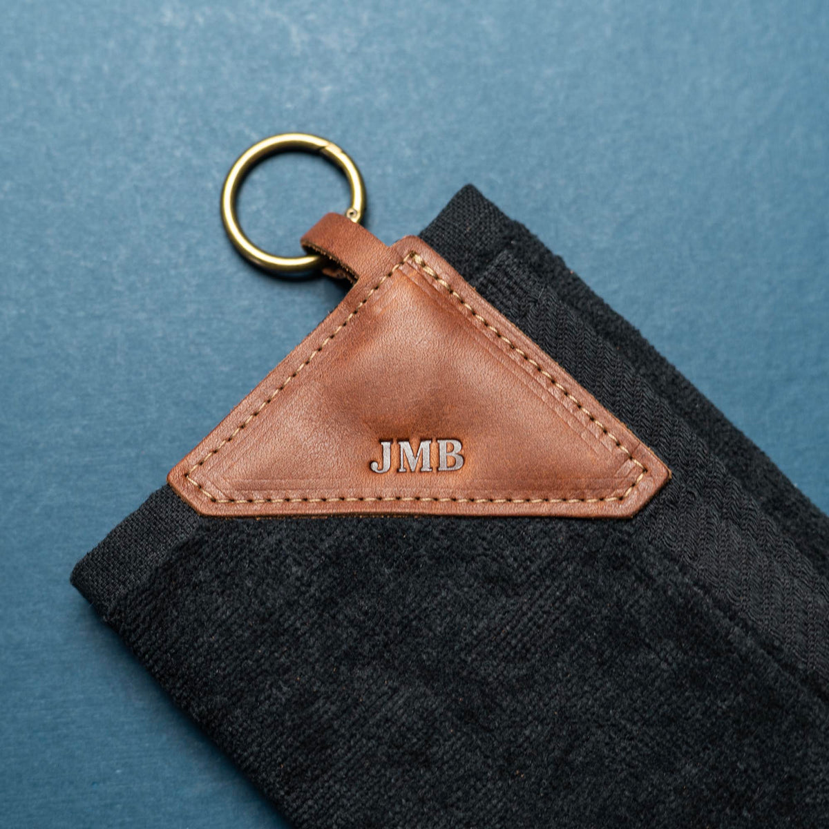 Personalized Fine Leather Tabbed Golf Towel with Magnet & Carabiner