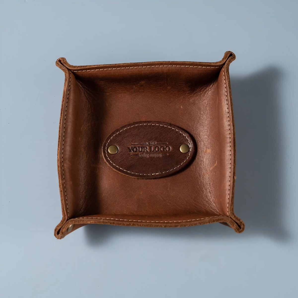 Your Logo + Our Leather - The Monticello Fine Leather Personalized Desk Valet Caddy Tray for Dresser or Office - Custom Logo and Corporate Gifting