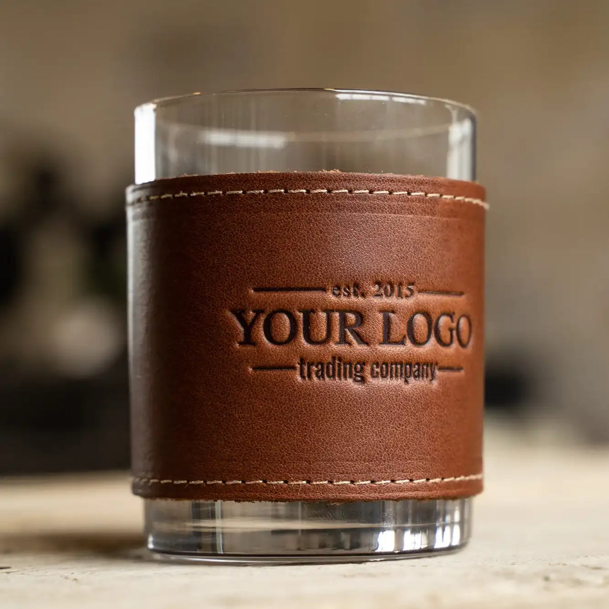 Your Logo + Our Leather - The Gentleman Rocks Glass & Sleeves Set of Two Wraps & Glasses - Custom Logo and Corporate Gifting