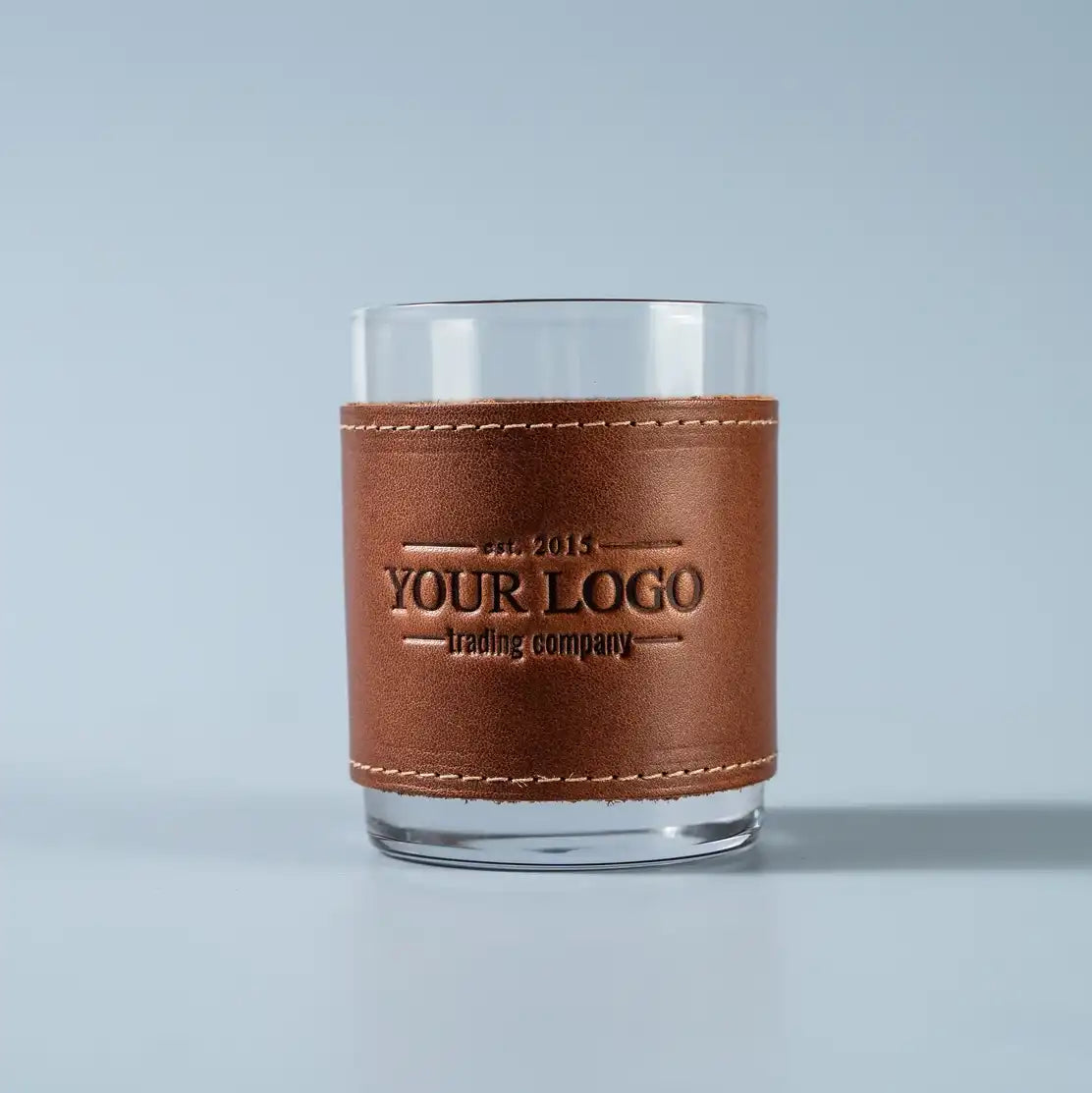 Your Logo + Our Leather - The Gentleman Rocks Glass & Sleeves Set of Two Wraps & Glasses - Custom Logo and Corporate Gifting