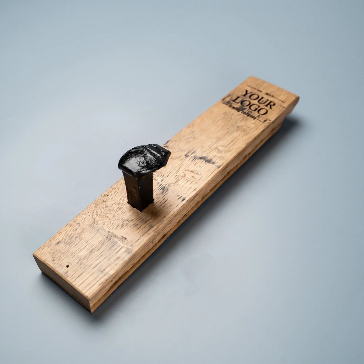 Your Logo + Our Barrels -  Tennessee Whiskey Barrel Personalized Wall Hanger with Railroad Spike Hooks - Custom Logo and Corporate Gifting