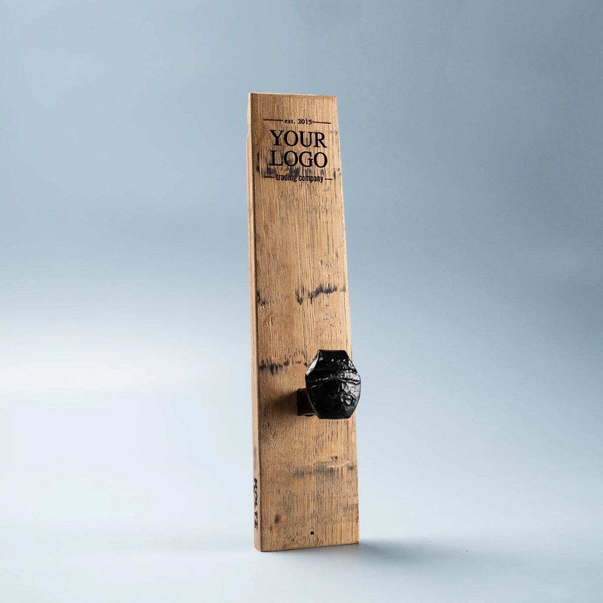 Your Logo + Our Barrels -  Tennessee Whiskey Barrel Personalized Wall Hanger with Railroad Spike Hooks - Custom Logo and Corporate Gifting