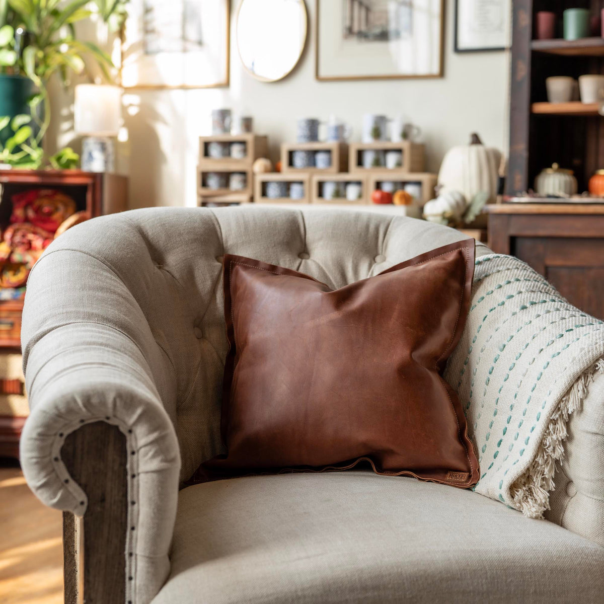 Full Grain Tumbled Leather Decor Throw Pillow