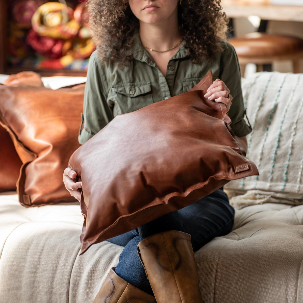 Full Grain Tumbled Leather Decor Throw Pillow