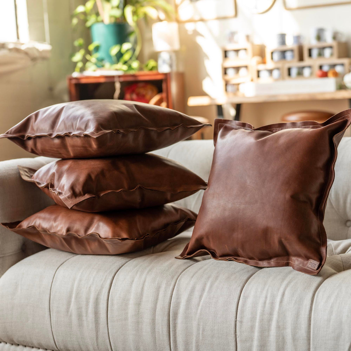 Full Grain Tumbled Leather Decor Throw Pillow