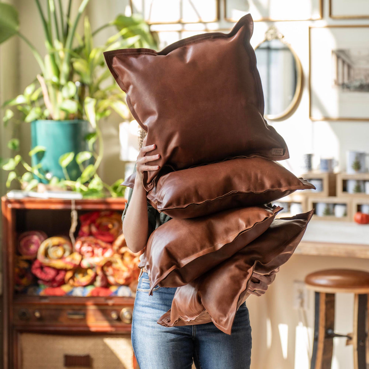 Full Grain Tumbled Leather Decor Throw Pillow