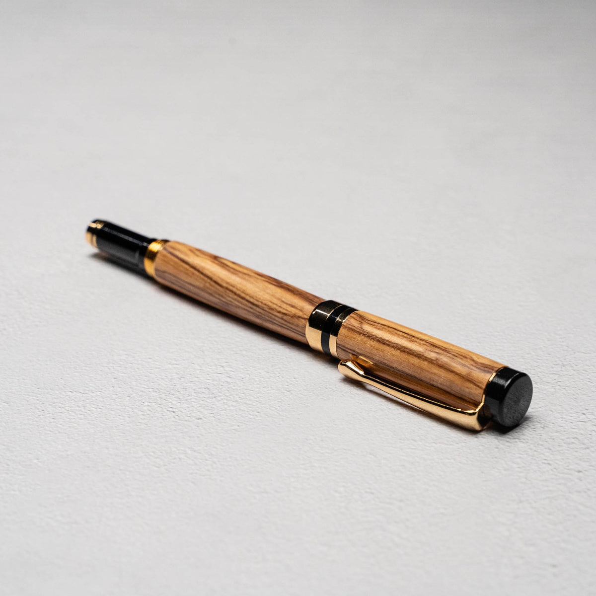 Hand-Turned Olive Wood Rollerball Pen + Fine Leather Pen Sleeve