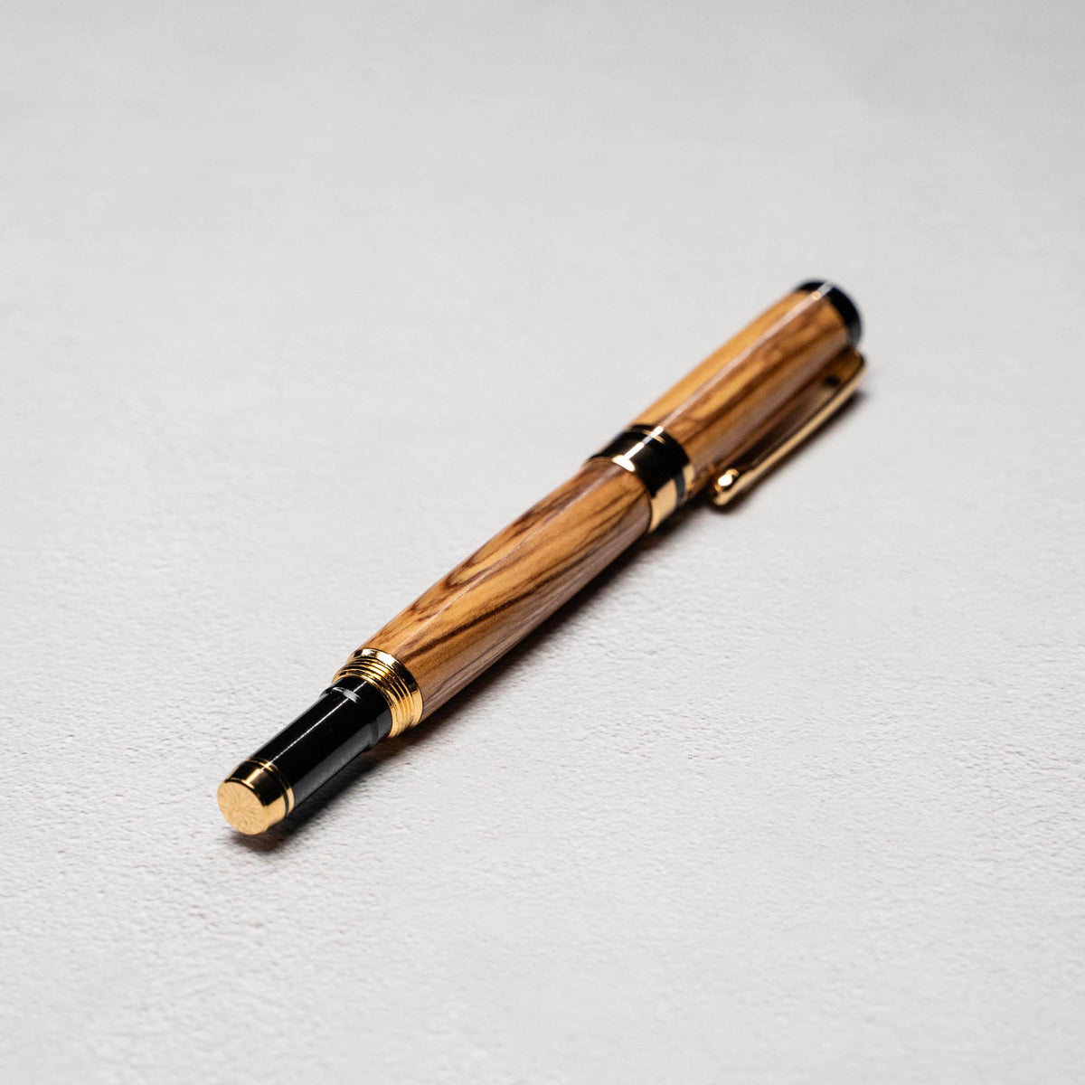 Hand-Turned Olive Wood Rollerball Pen + Fine Leather Pen Sleeve