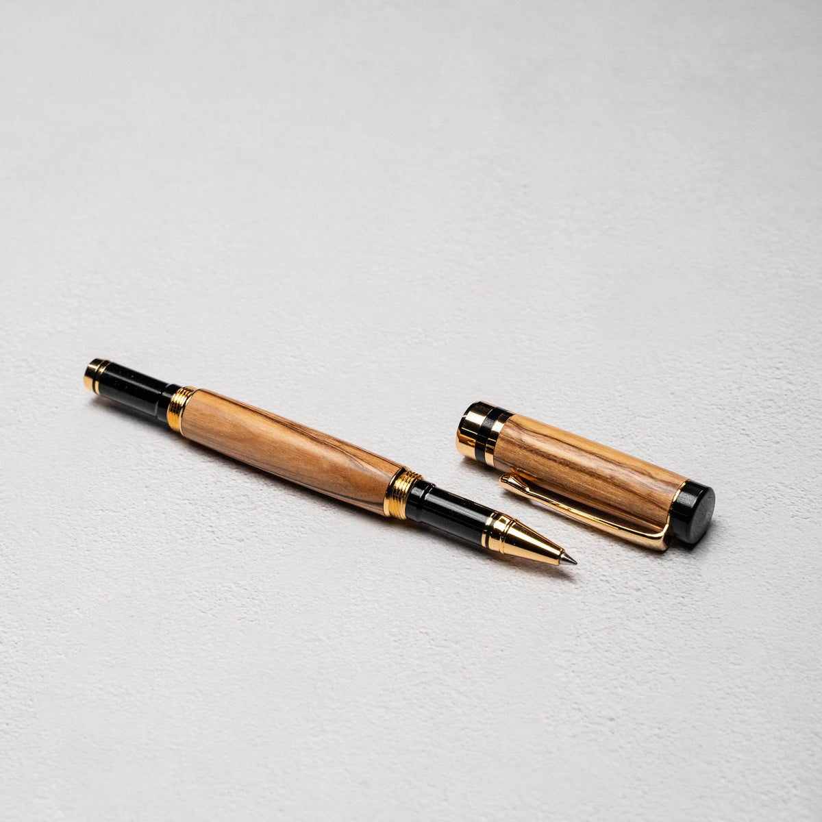 Hand-Turned Olive Wood Rollerball Pen + Fine Leather Pen Sleeve
