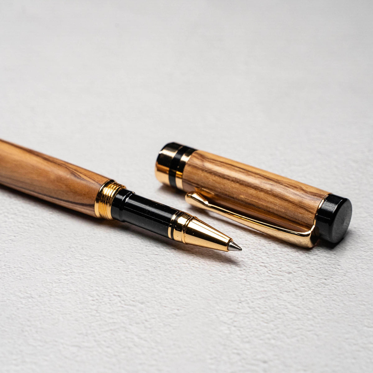 Hand-Turned Olive Wood Rollerball Pen + Fine Leather Pen Sleeve