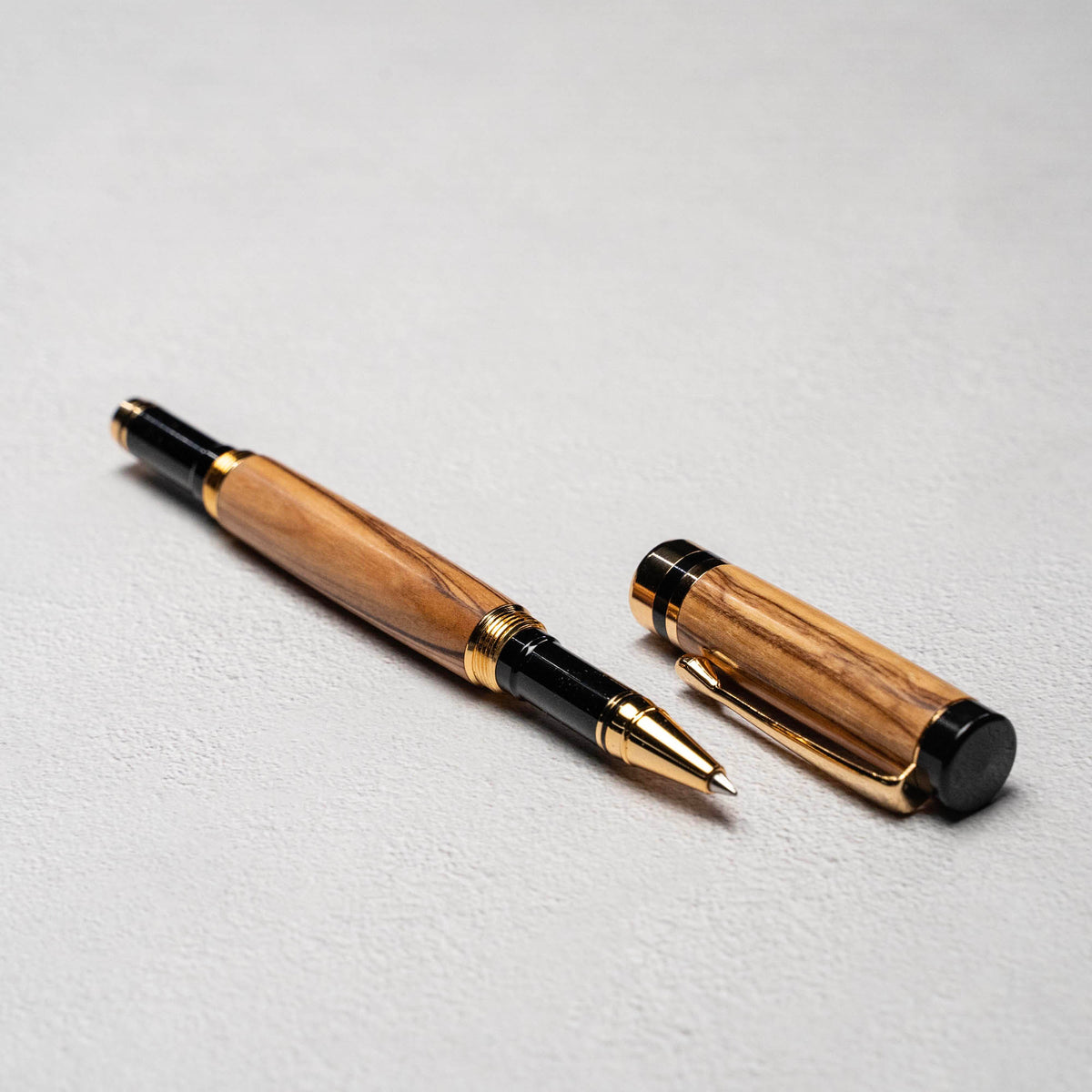 Hand-Turned Olive Wood Rollerball Pen + Fine Leather Pen Sleeve