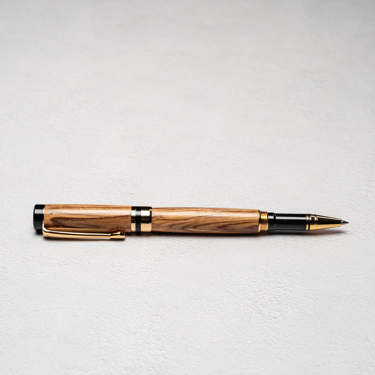 Hand-Turned Olive Wood Rollerball Pen + Fine Leather Pen Sleeve