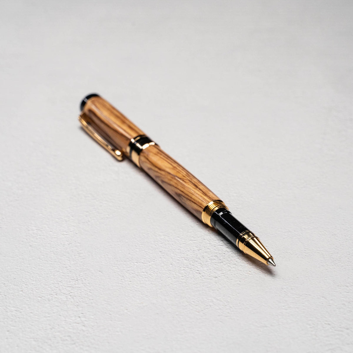 Hand-Turned Olive Wood Rollerball Pen + Fine Leather Pen Sleeve