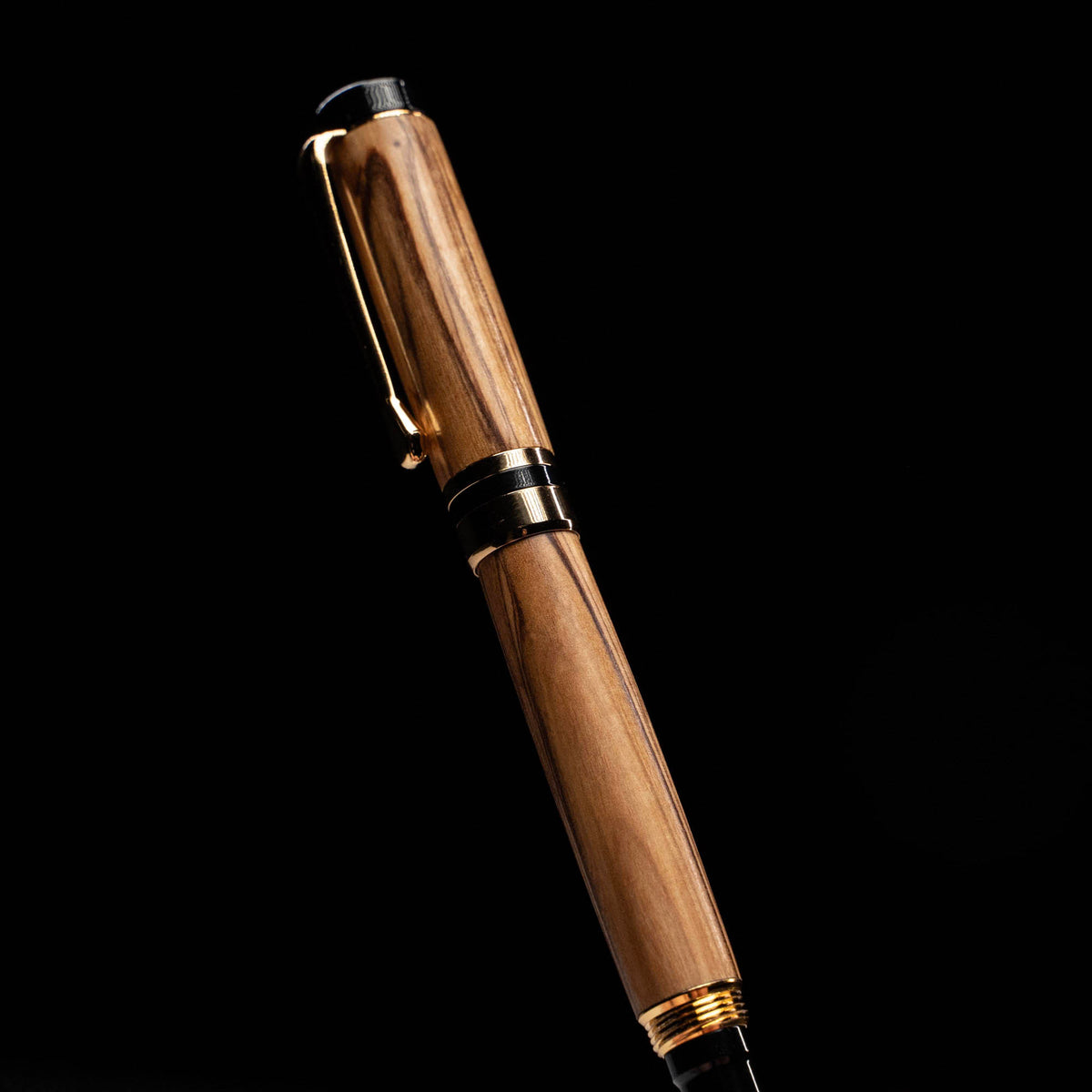 Hand-Turned Olive Wood Rollerball Pen + Fine Leather Pen Sleeve