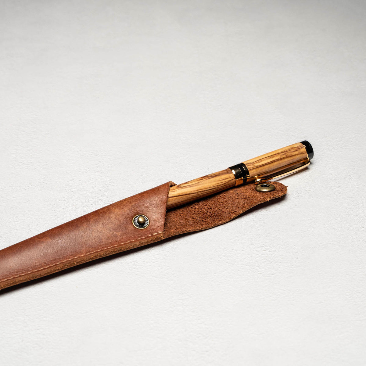 Hand-Turned Olive Wood Rollerball Pen + Fine Leather Pen Sleeve
