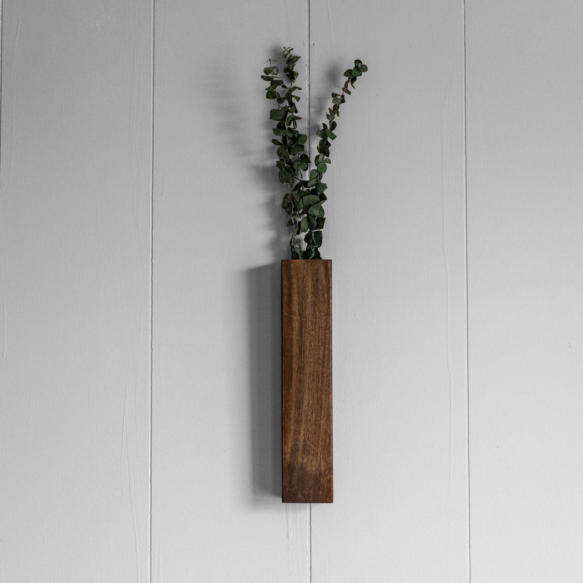 Slim 12 Inch Wood Wall Planter Sconce Vase with Pocket & Eucalyptus