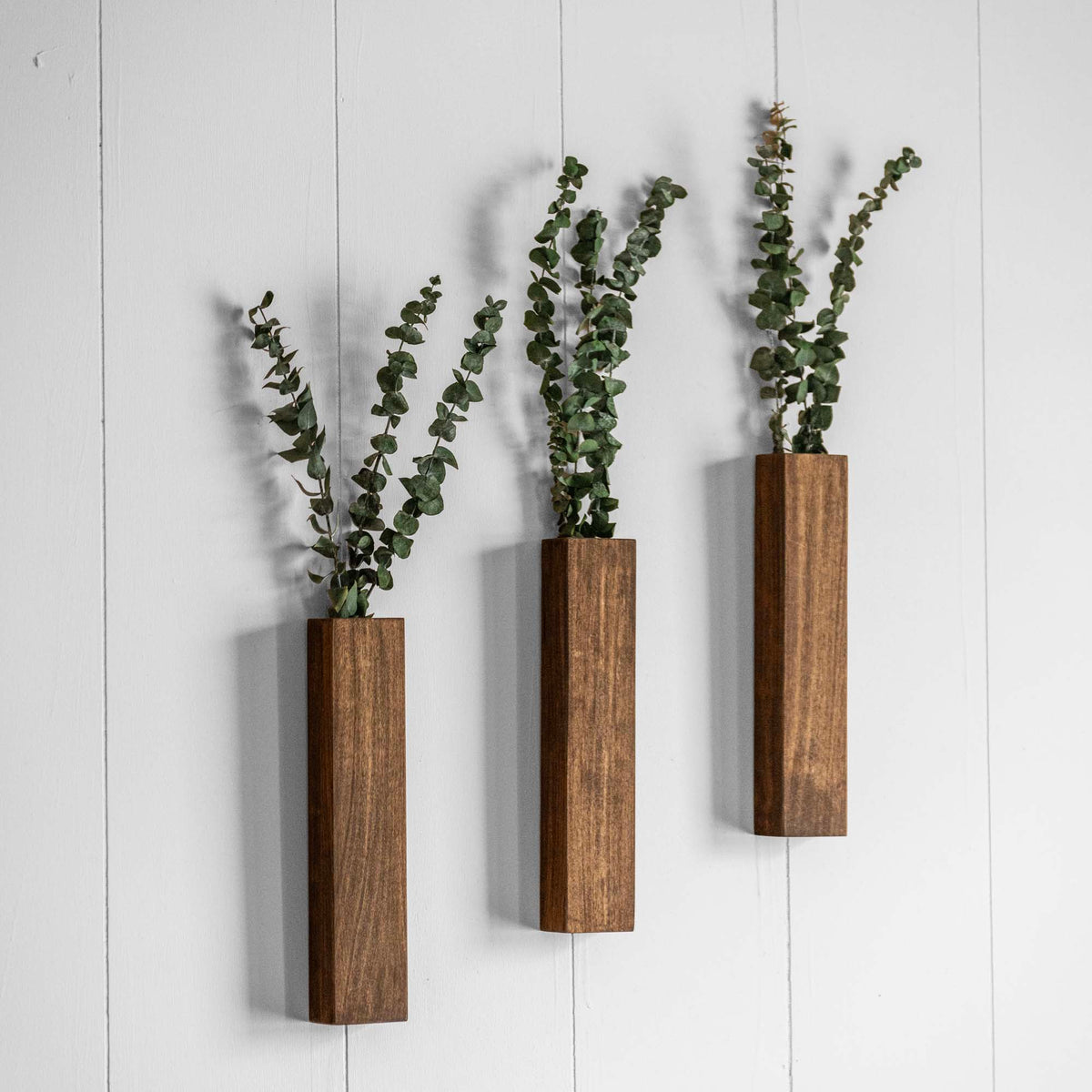 Slim 12 Inch Wood Wall Planter Sconce Vase with Pocket & Eucalyptus