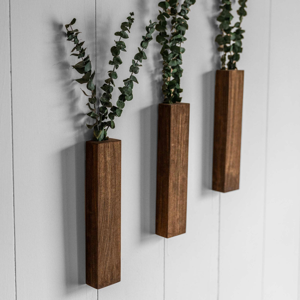 Slim 12 Inch Wood Wall Planter Sconce Vase with Pocket & Eucalyptus