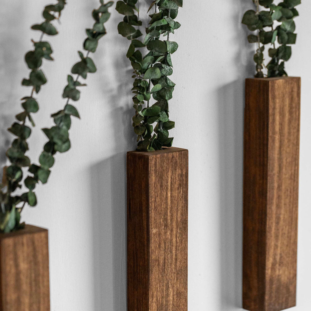Slim 12 Inch Wood Wall Planter Sconce Vase with Pocket & Eucalyptus