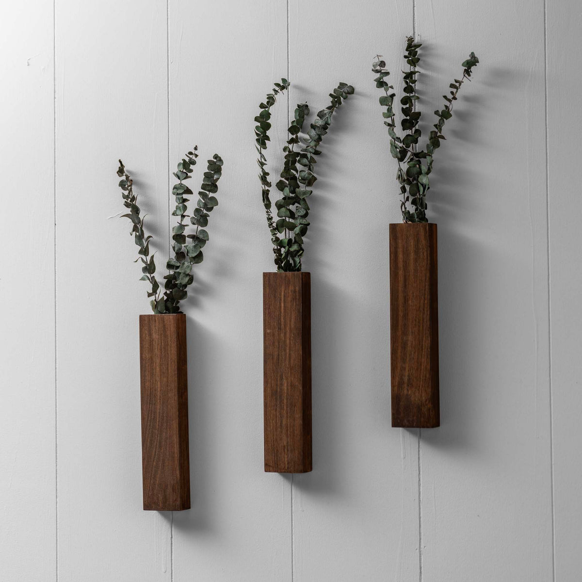 Slim 12 Inch Wood Wall Planter Sconce Vase with Pocket & Eucalyptus