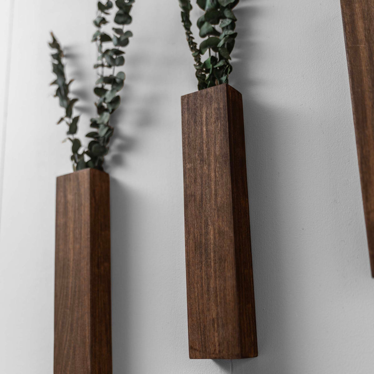 Slim 12 Inch Wood Wall Planter Sconce Vase with Pocket & Eucalyptus