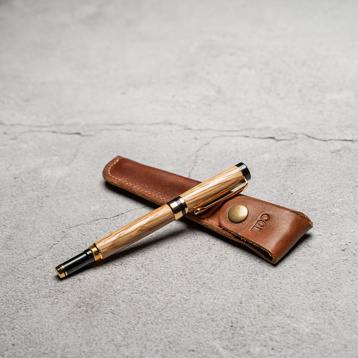 Hand-Turned Olive Wood Rollerball Pen + Fine Leather Pen Sleeve
