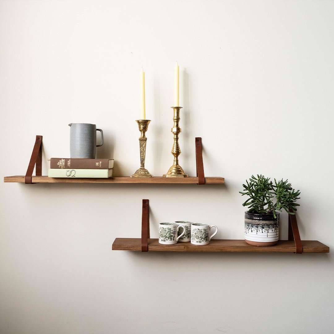Hardwood Customizable Shelves ~ With Full Grain Leather Straps - Choose Your Stain - Shoporiaz