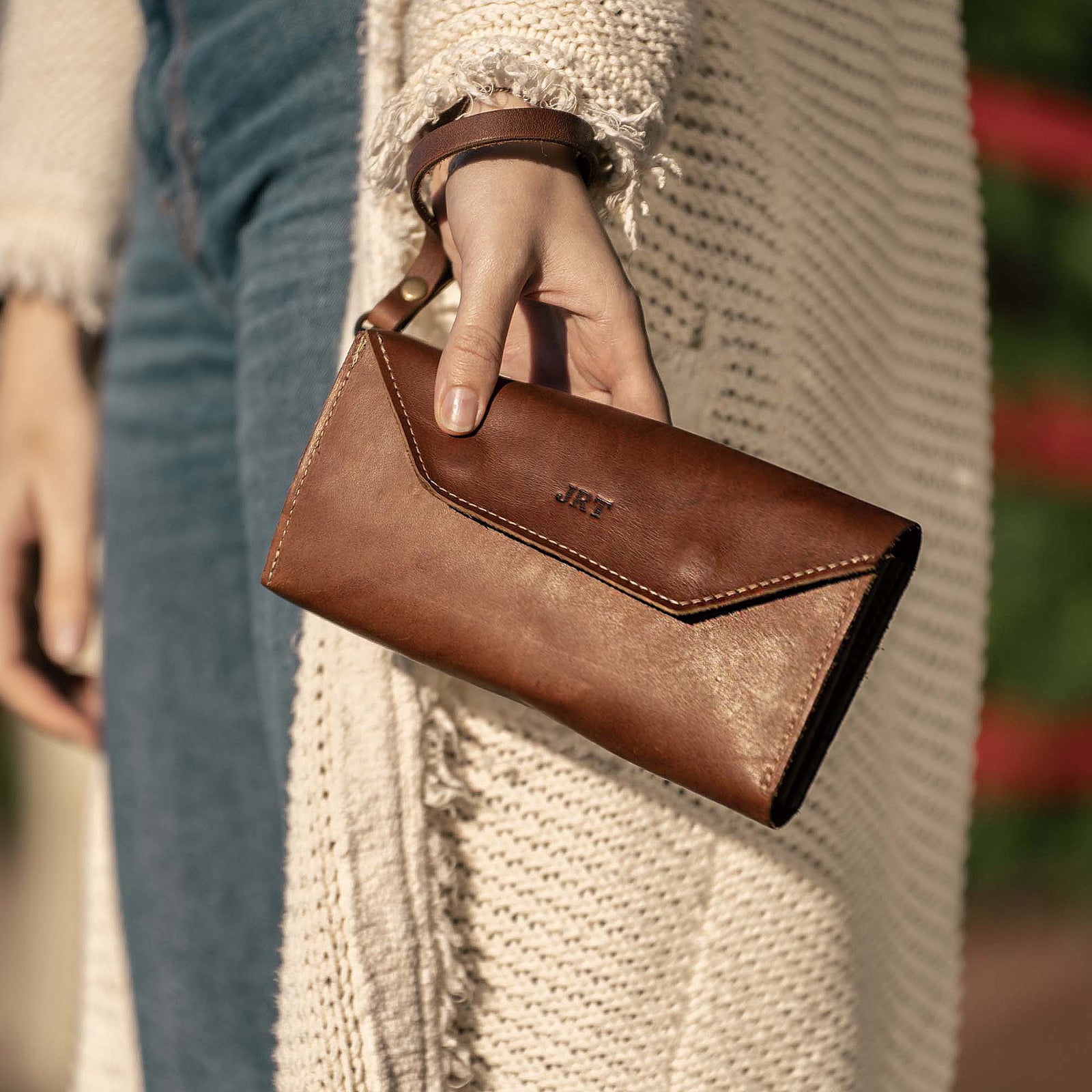 The Jackie O Personalized Leather Clutch Wallet with Wristlet - Shoporiaz