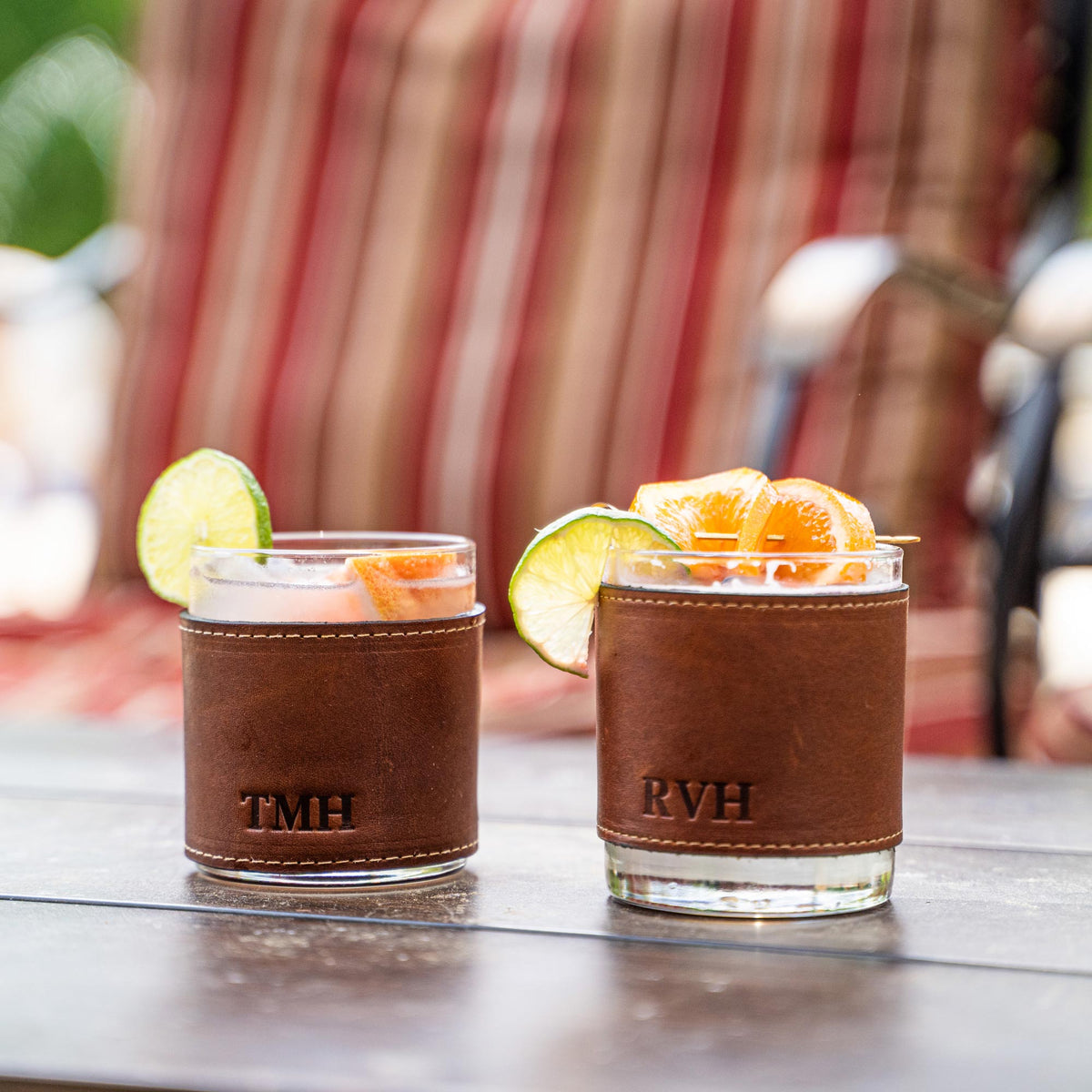 The Gentleman Rocks Glass & Sleeves ~ Shrunken Bison Leather - Set of Two Wraps & Glasses