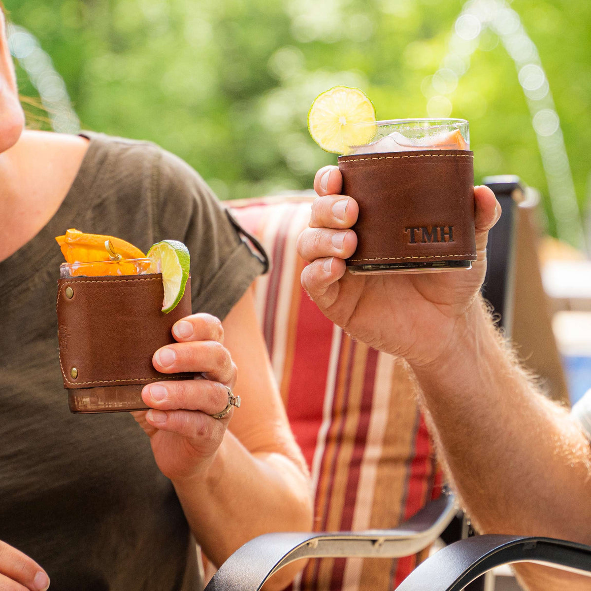 The Gentleman Rocks Glass & Sleeves ~ Shrunken Bison Leather - Set of Two Wraps & Glasses