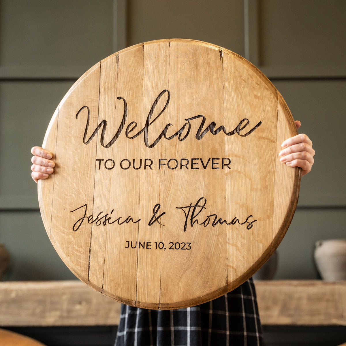 Welcome To Our Forever - Personalized Whiskey Barrel Wedding Welcome Sign