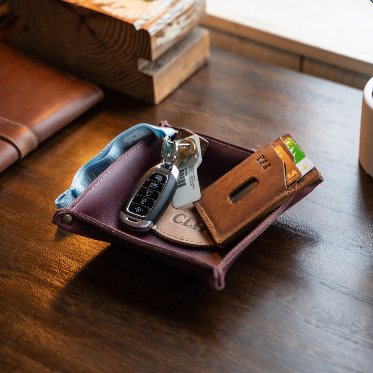 The Monticello Fine Leather Personalized Desk Valet Caddy Tray for Dresser or Office Gift