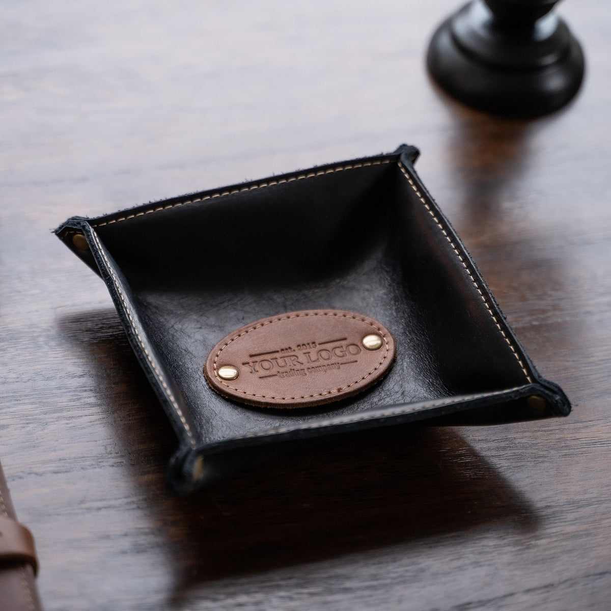 Your Logo + Our Leather - The Monticello Fine Leather Personalized Desk Valet Caddy Tray for Dresser or Office - Custom Logo and Corporate Gifting