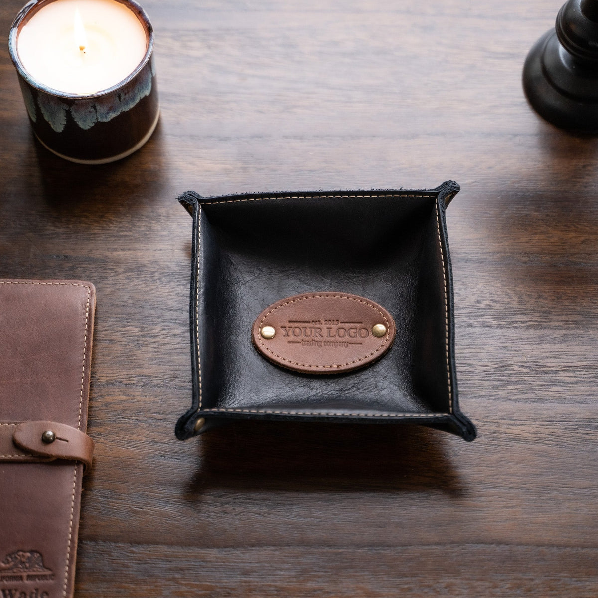 Your Logo + Our Leather - The Monticello Fine Leather Personalized Desk Valet Caddy Tray for Dresser or Office - Custom Logo and Corporate Gifting