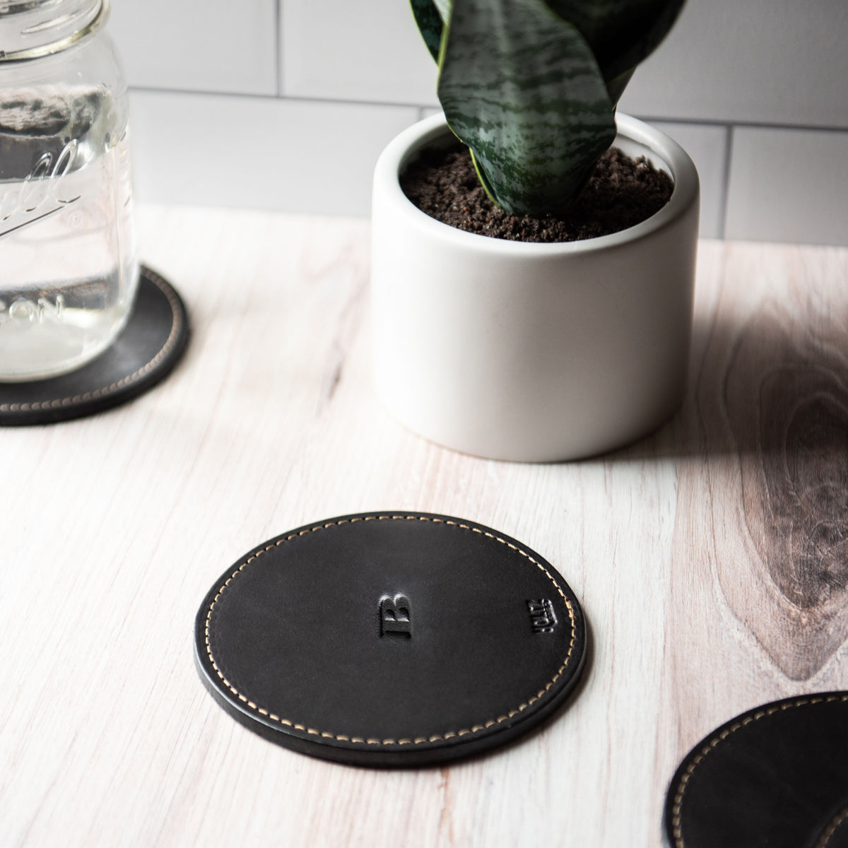 The Farm House Circle Personalized Fine Leather Coaster Set of 4 Coasters