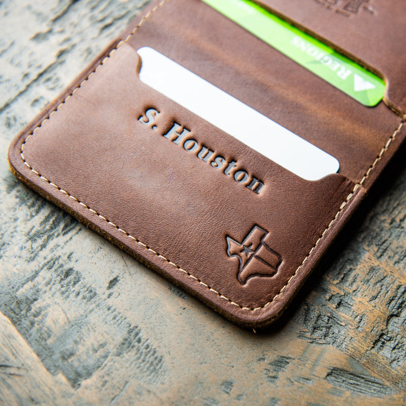 The Texas Gates Personalized Fine Leather Bifold Money Clip Wallet with Texas Logo