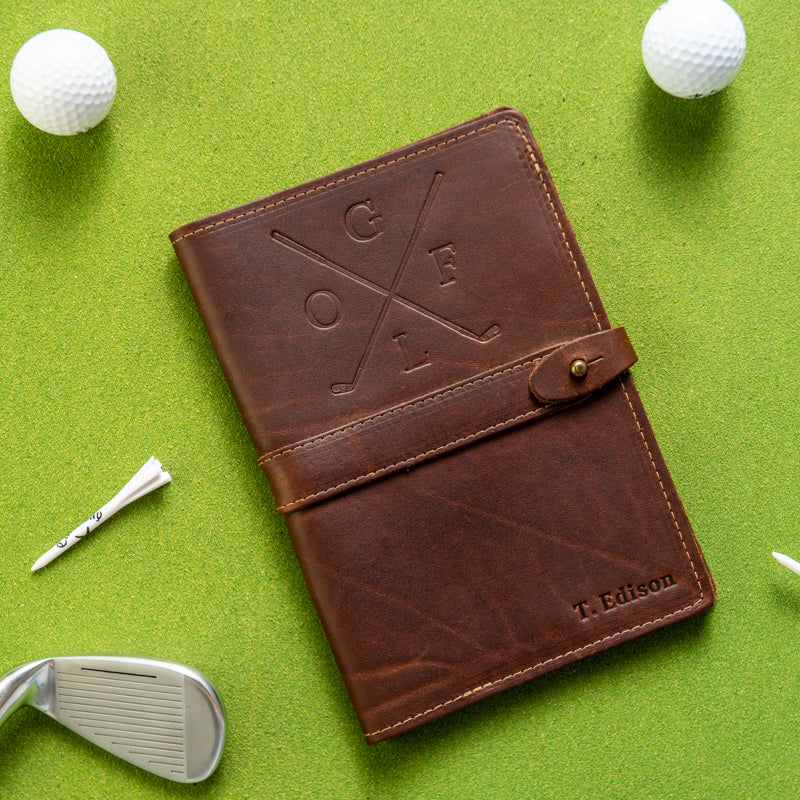 Leather journal cover with golf logo and personalized name in A5 size from Shoporiaz Co in Huntsville, Alabama