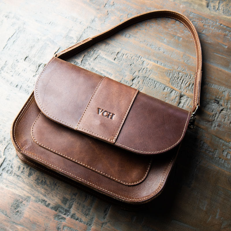 Fine American leather handcrafted crossbody purse in brown with personalized initials