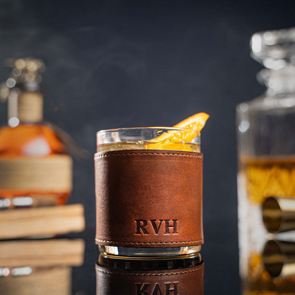 The Gentleman Rocks Glass & Sleeves ~ Shrunken Bison Leather - Set of Two Wraps & Glasses