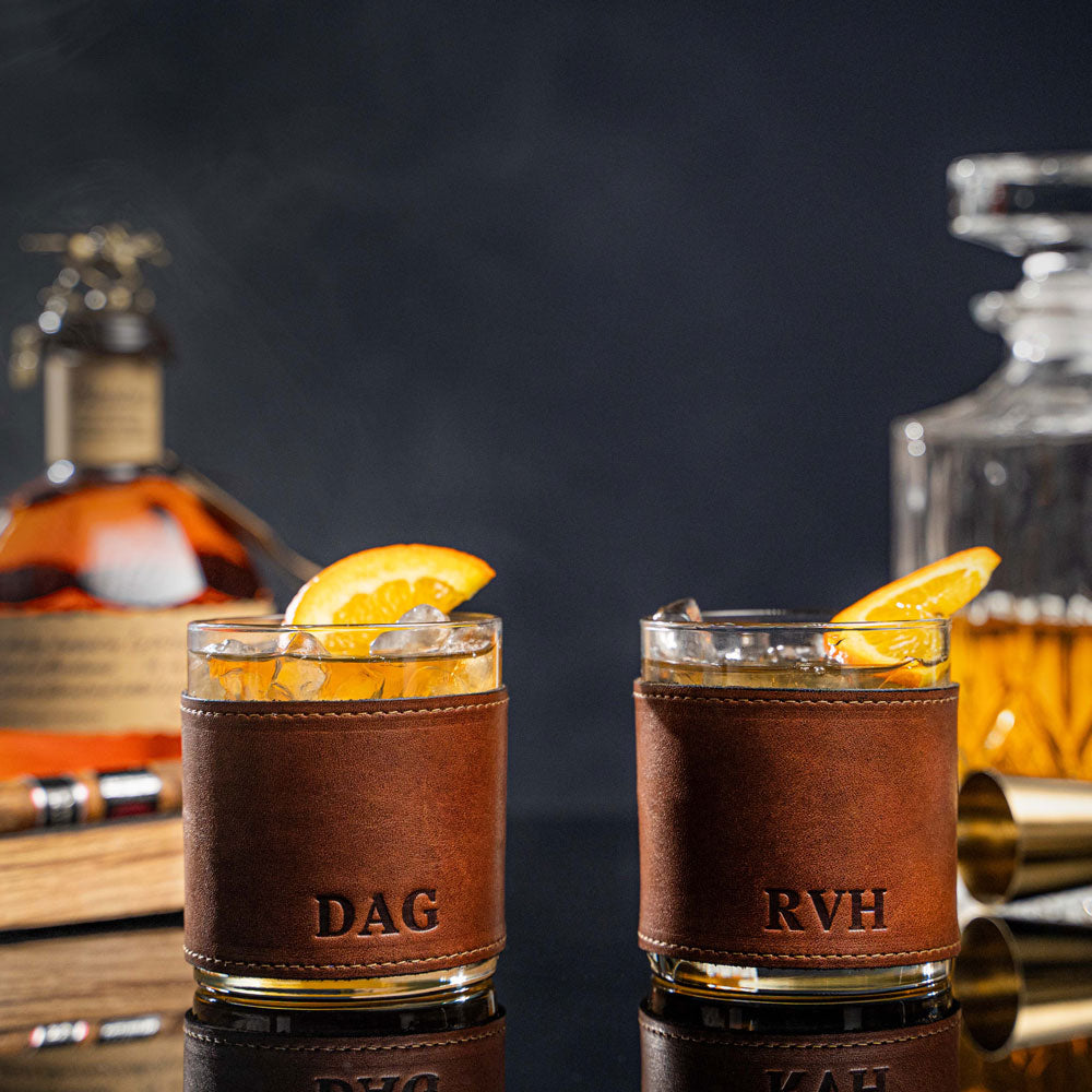 Your Logo + Our Leather - The Gentleman Rocks Glass & Sleeves Set of Two Wraps & Glasses - Custom Logo and Corporate Gifting