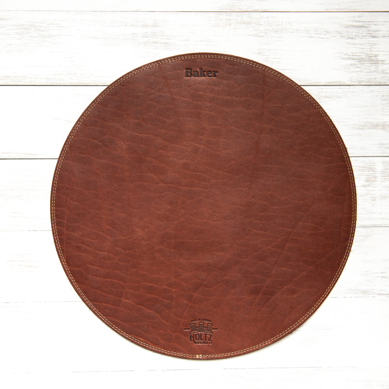 Fine leather round placemat with personalized named and Shoporiaz Co logo