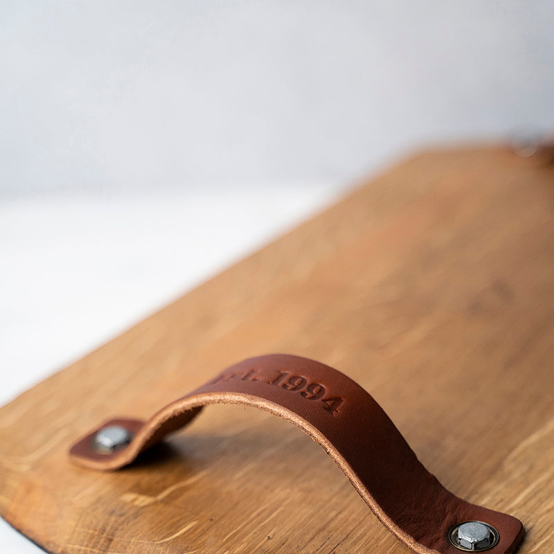 Your Logo + Our Barrels - The Butler Tennessee Whiskey Barrel Serving Tray with Leather Handles - Custom Logo and Corporate Gifting