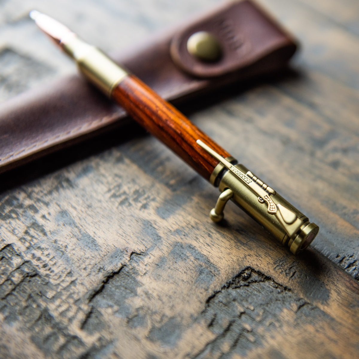 Hand-Turned Rose Wood .30 Caliber Bolt Action Pen + Pen Sleeve