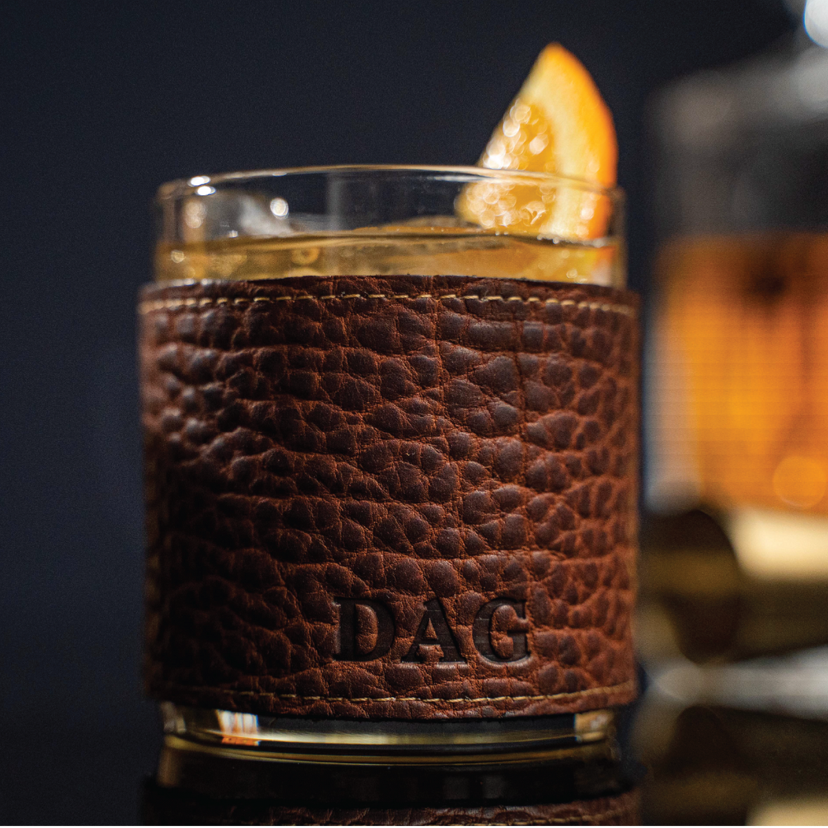 The Gentleman Rocks Glass & Sleeves ~ Shrunken Bison Leather - Set of Two Wraps & Glasses