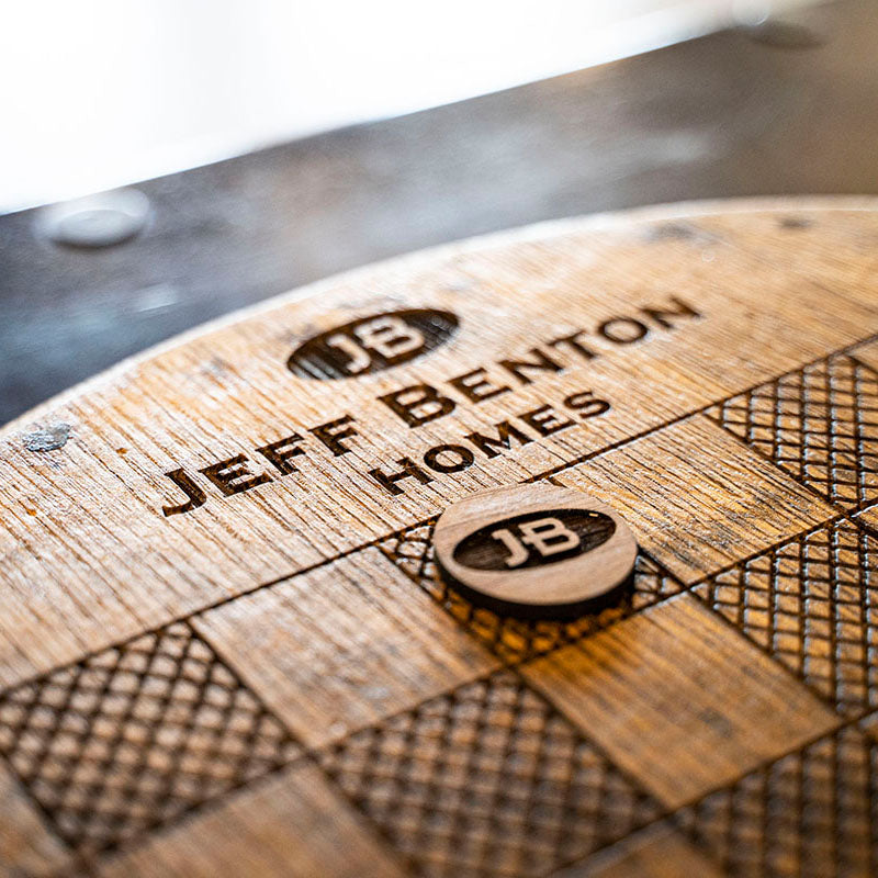 Your Logo + Our Barrels - Tennessee Whiskey Barrel Checkerboard Side Table - Custom Logo and Corporate Gifting