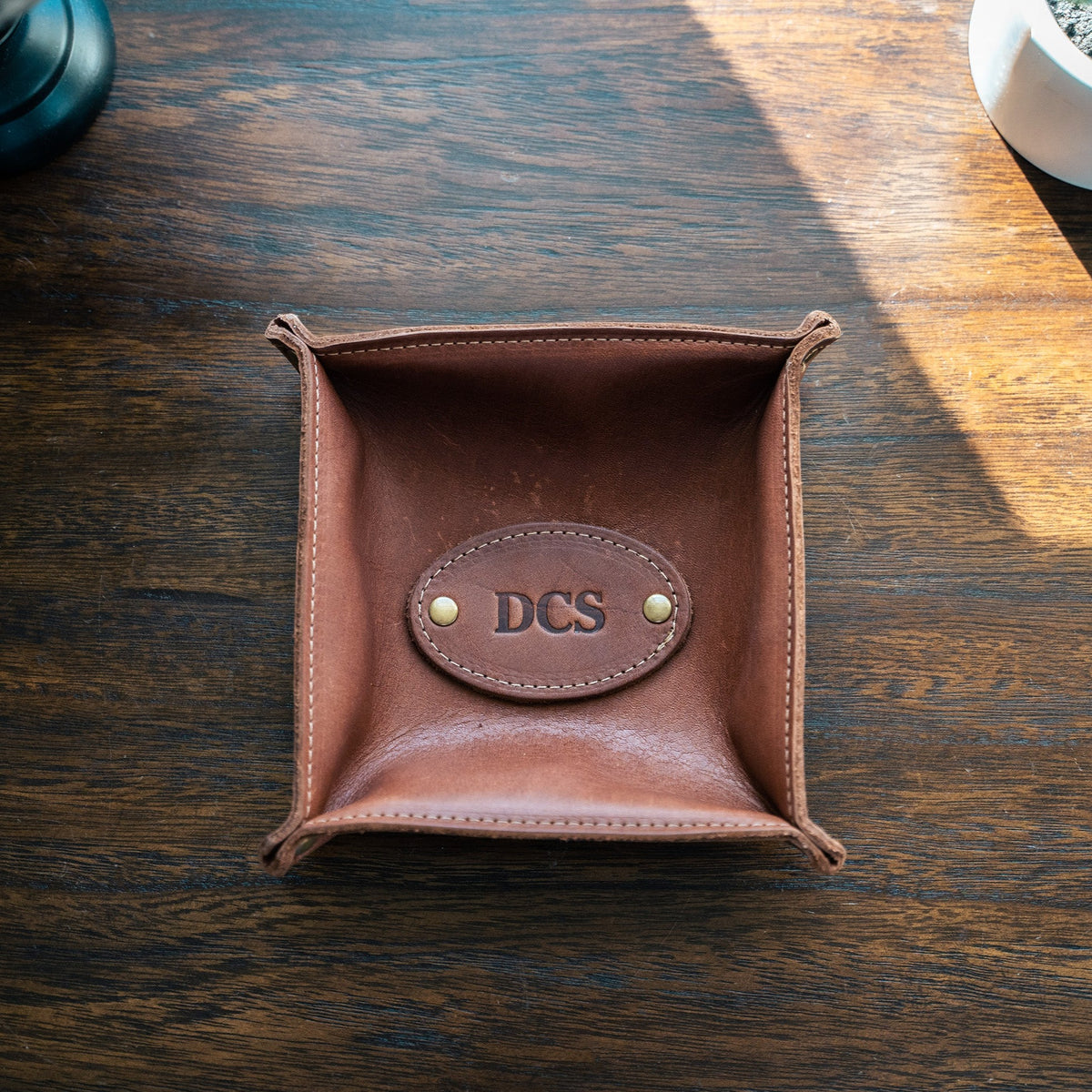 The Monticello Fine Leather Personalized Desk Valet Caddy Tray for Dresser or Office Gift